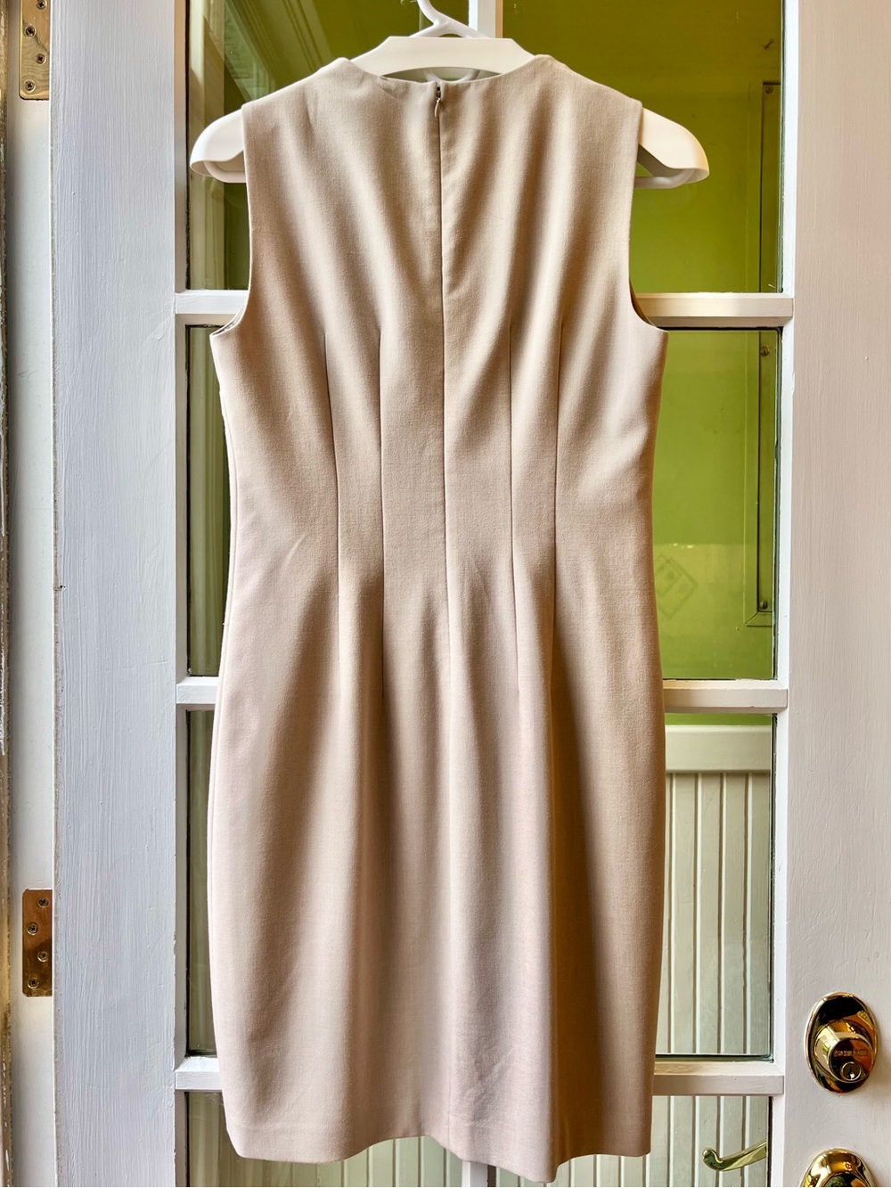 Tahari Beige V-Neck Fitted Sheath Dress with Elegant Layered V Tailored Slimming - Picture 2 of 6